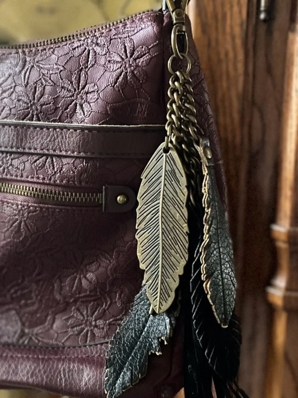 Boho Leather Feather Bag Charm & Keychain Brass Spikes